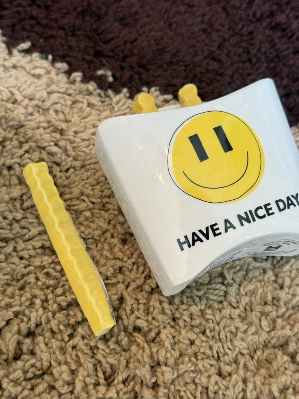 Urban Outfitters White Ceramic Smile Utensil Holder with Yellow Accents